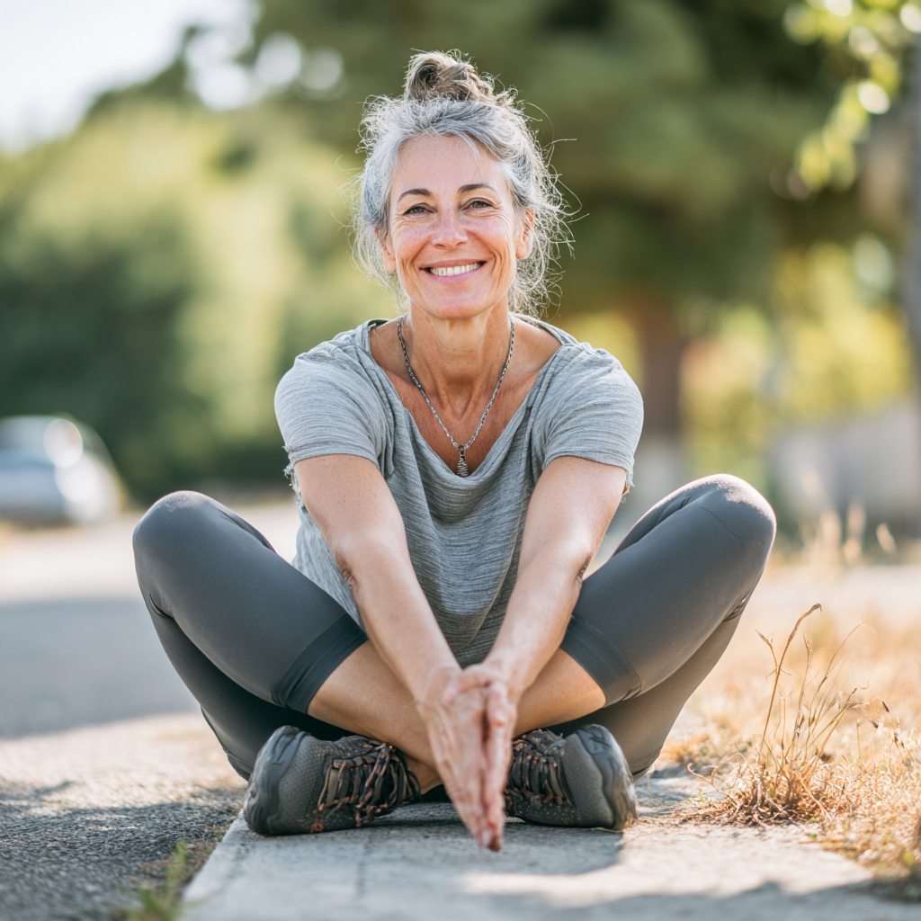 Усміхнена європейська жінка середнього віку виконує вправи для суглобів на свіжому повітрі, демонструючи гнучкість та здоров'я