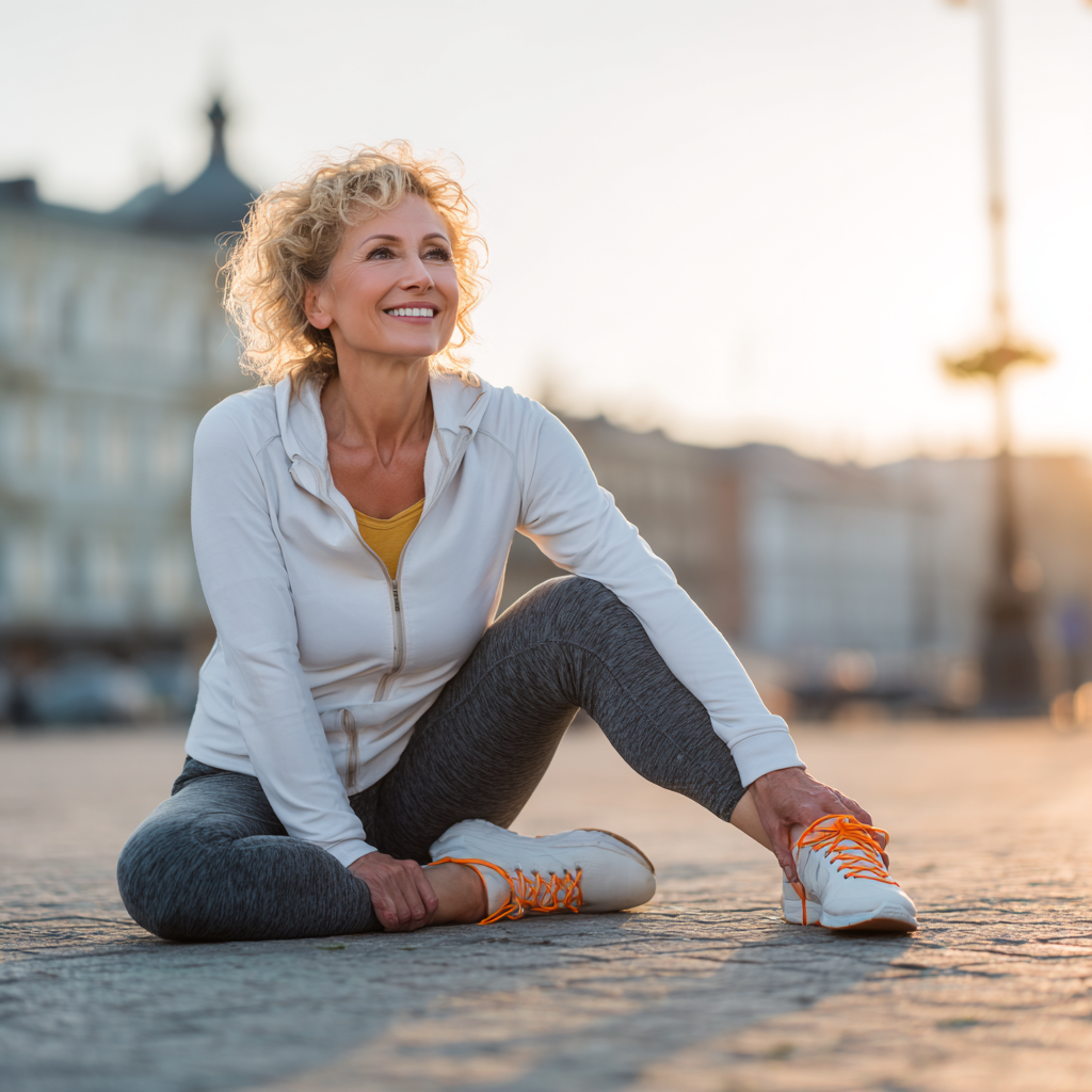 Радісна європейська пара середнього віку займається фізичними вправами разом, демонструючи активний та здоровий спосіб життя